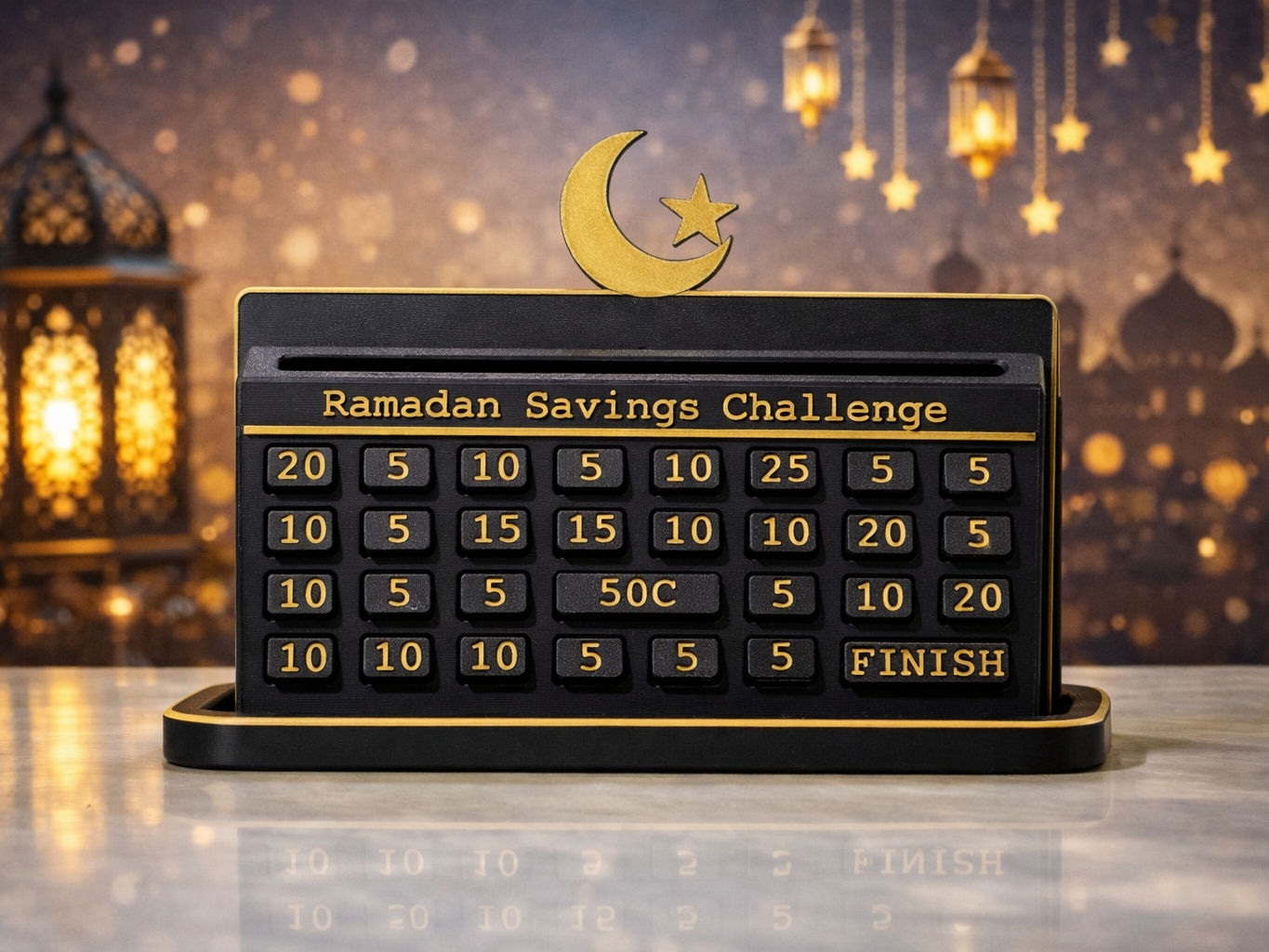 Ramadan Spar-Challenge 300€ – Interaktive Spardose mit Dreh-Buttons