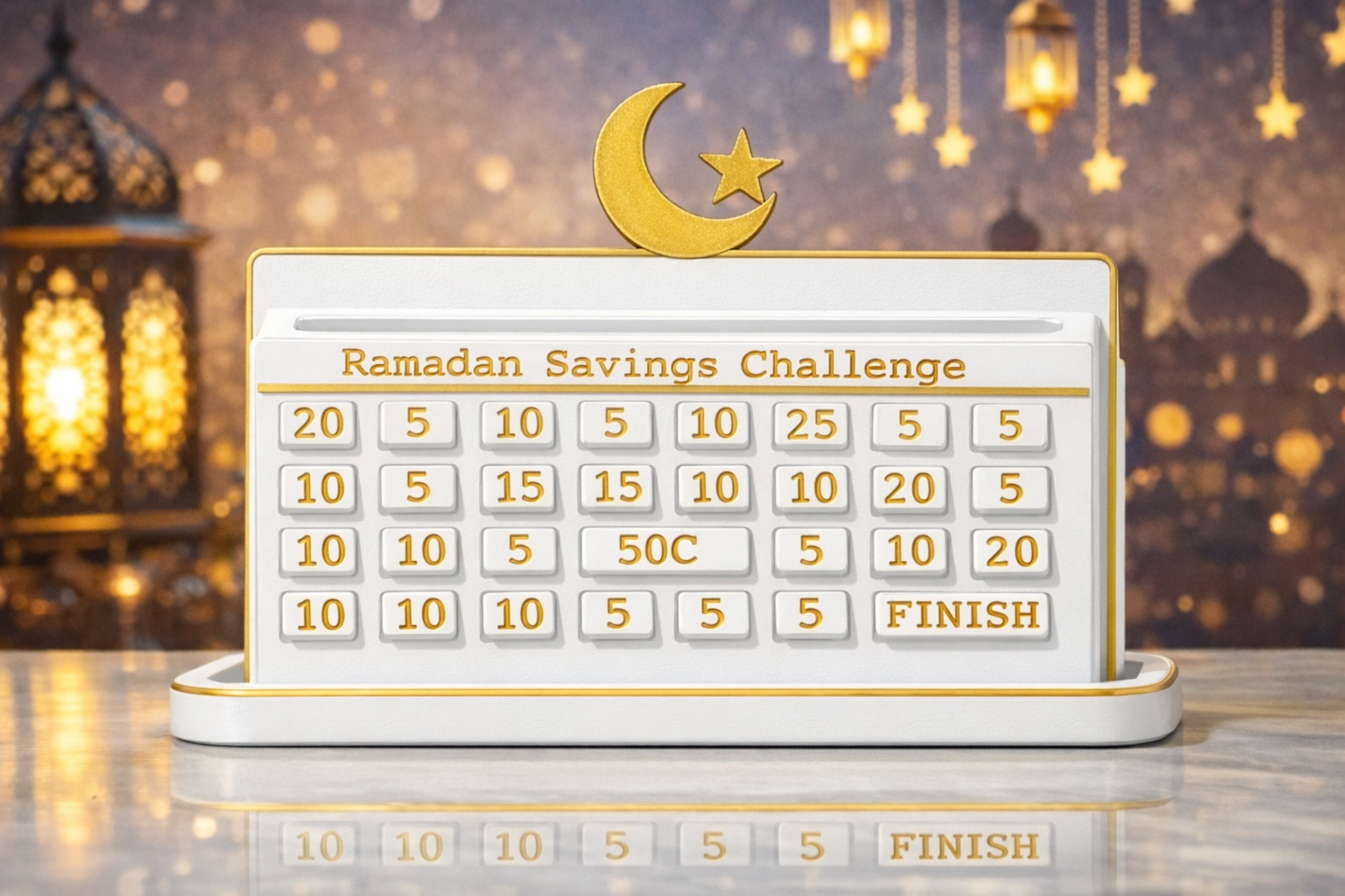 Ramadan Spar-Challenge 300€ – Interaktive Spardose mit Dreh-Buttons